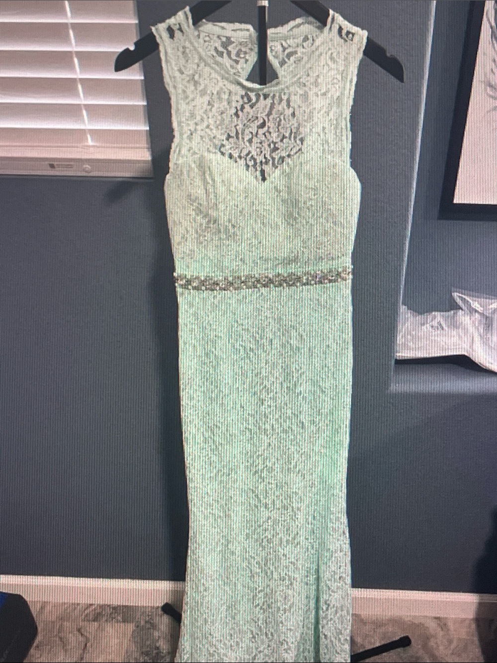Sequin Hearts Mint Lace Gown with Beaded Waist